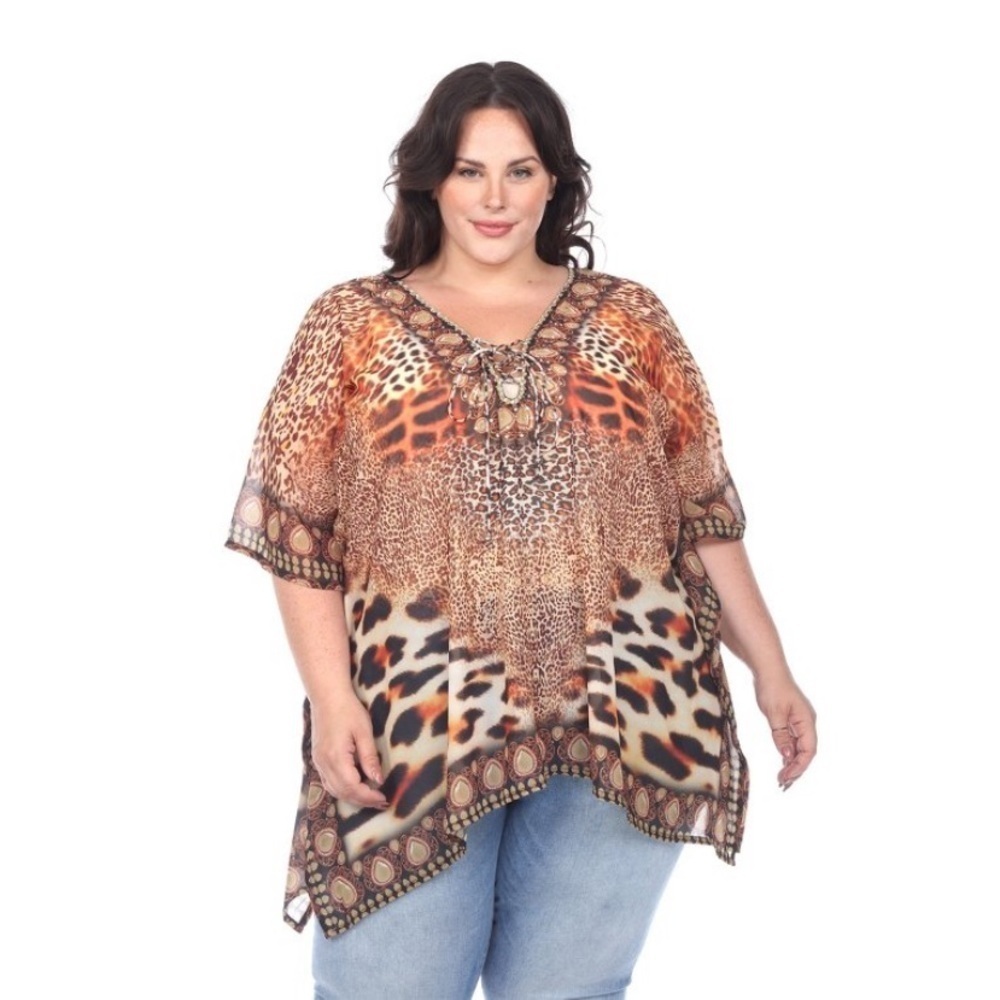 Women's Plus Size Short Caftan Tie-up Neckline Brown One Size Fits Most Plus